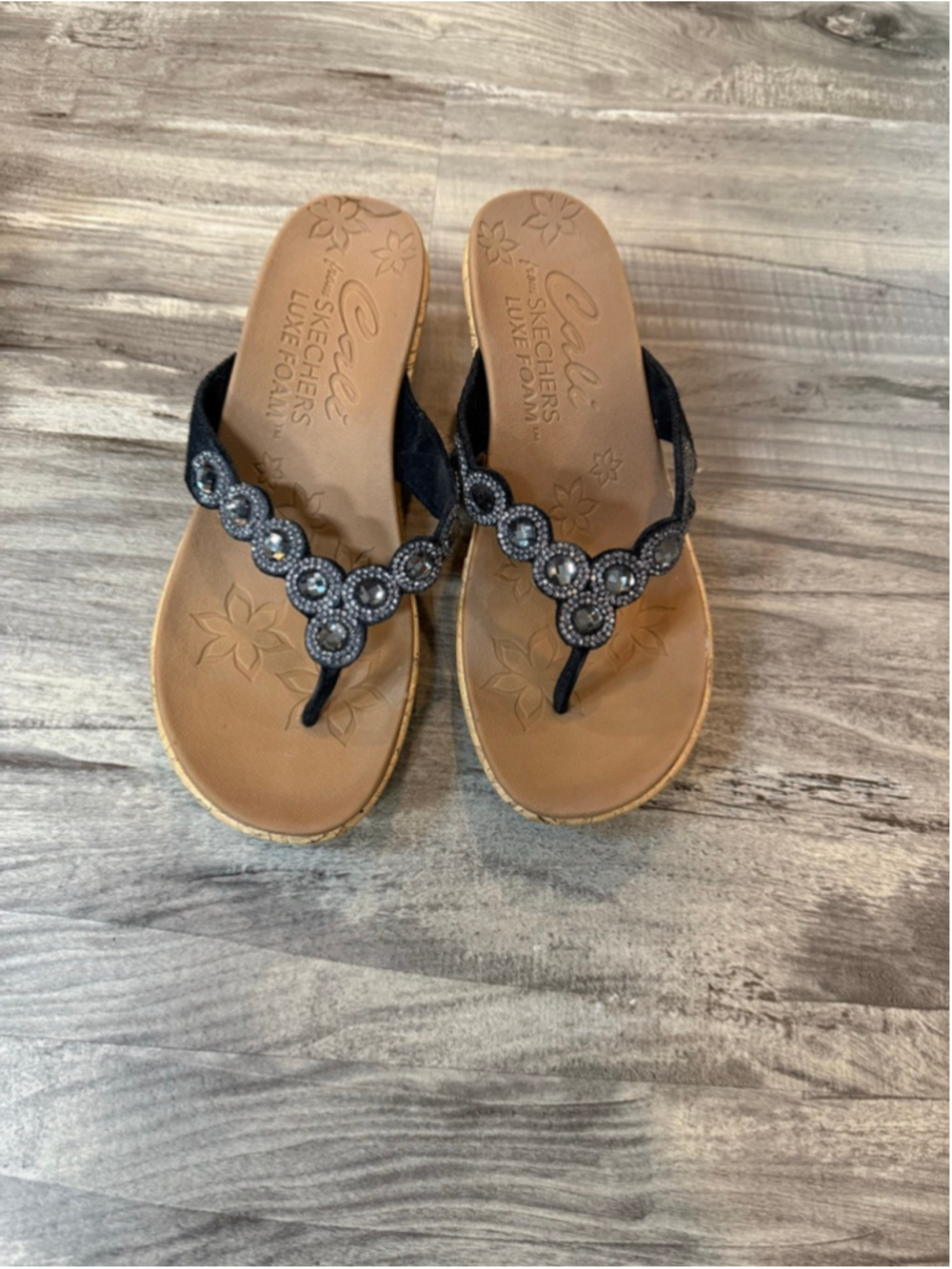 Skechers Cali Luxe Foam Rhinestone Cork Wedge Sandals Black Flip Flops Size 6